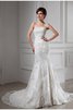 Abito da Sposa con Perline Coda A Strascico Cappella Senza Strap in Pizzo in Raso - 1