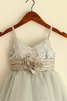 Robe de cortège enfant en tissu pailleté en tulle manche nulle avec fleurs a-ligne - 2