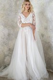 Robe de mariée de col en v decoration en fleur textile en tulle ligne a avec perle