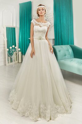 Abito da Sposa A Terra con Perline in Tulle Coda A Strascico Corto con Manica Corte Cappellino