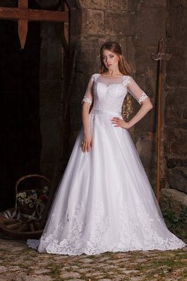 Abito da Sposa Barchetta Spazzola Treno Naturale con Applique A Terra A-Line