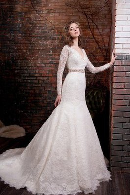 Abito da Sposa Naturale in Pizzo originale con Applique con Maniche Lunghe Sirena