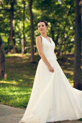 Vestido de Novia en Gasa de Flores de Volantes Adorno de Escote en V de Cremallera