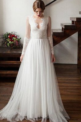 Robe de mariée festonné plissage de traîne courte a-ligne avec manche longue