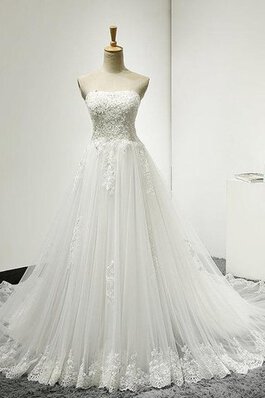 Abito da Sposa A-Line con Perline Coda A Strascico Corto Senza Maniche in Tulle Naturale