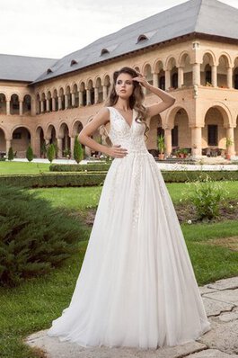 Abito da Sposa Coda A Strascico Corto con Applique Senza Maniche Impero V-Scollo alta vita