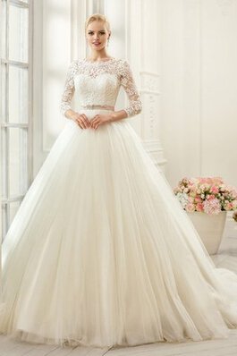 Modesto Vestido de Novia en Tul de Baja escote en V de Plisado de Manga larga