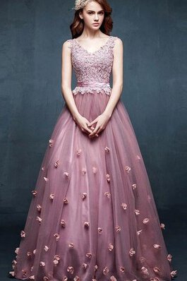 Ärmelloses A Linie Tüll V-Ausschnitt Ballkleid mit Applike mit Blume