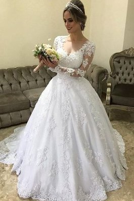 Abito da sposa a terra v-scollo popolare con maniche lunghe pudica a sala