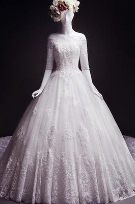 Abito da Sposa largo Coda A Strascico Cappella con Fiocco Vintage con Mezze Maniche in Tulle