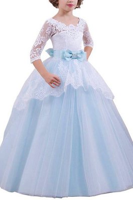 Abito da Cerimonia Bambini Ball Gown Naturale in Pizzo con Mezze Maniche decorato