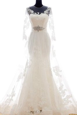 Robe de mariée sage plissé a-ligne avec manche longue decoration en fleur