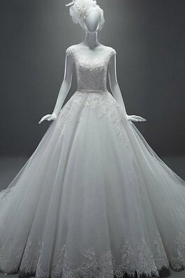 Vestido de Novia en Tul de Escote redondo de Abalorio de Natural de Manga tapada