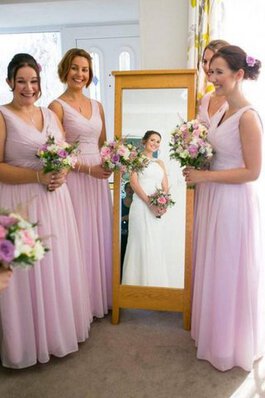 Vestido de Dama de Honor en Gasa de Escote en V de Natural de Hasta el suelo