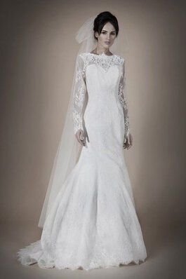 Robe de mariée naturel au niveau de cou avec manche longue de sirène decoration en fleur