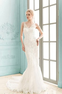 Robe de mariée avec sans manches de traîne courte de fourreau de col en v appliques