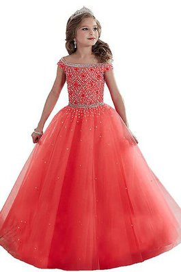 Abito da Cerimonia Bambini Ball Gown in Tulle A Terra Fuori dalla spalla Naturale