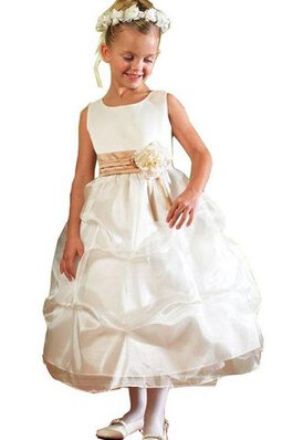 Abito da Cerimonia Bambini con Fiore Naturale con Increspature Quadrato in Raso Ball Gown