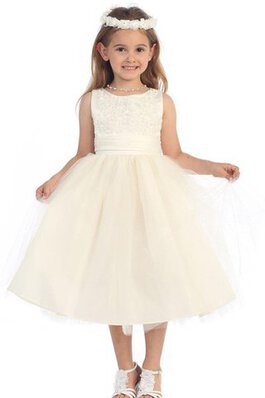 Abito da Cerimonia Bambini A-Line con Fiocco Cerniera Senza Maniche con Applique in Tulle