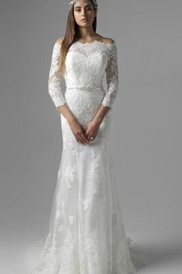 Robe de mariée chic modeste d'epaule ajourée de traîne courte ceinture avec perle