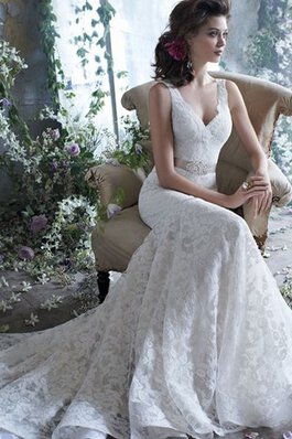 Abito da Sposa Naturale lusso Spazzola Treno con Nastro con Fusciacca Profondo V-scollo