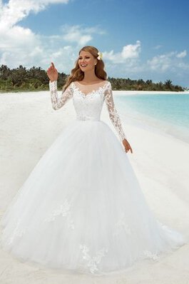 Abito da Sposa con Nastro Romantico Ball Gown tradizionale Barchetta con Maniche Lunghe