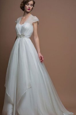 Robe de mariée au niveau de cou avec manche courte en organza de traîne courte a-ligne