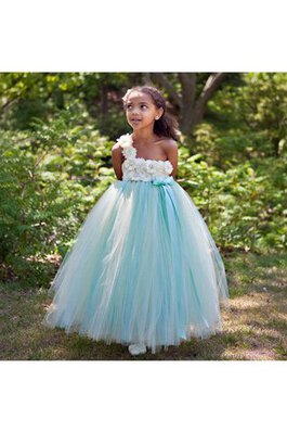 Abito da Cerimonia Bambini con Fiore Ball Gown con Piega con Nastro monospalla alta vita