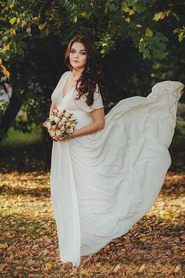 Abito da Sposa in Chiffon V-Scollo con Manica Corte Semplice con Increspato Spazzola Treno