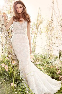 Robe de mariée naturel de sirène avec perle de traîne moyenne manche nulle