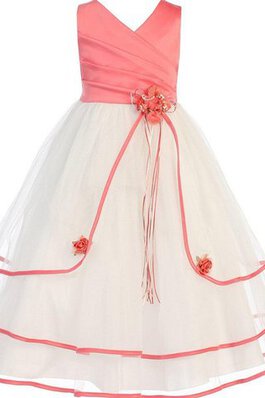 Robe de cortège enfant plissé de tour de ceinture en haute ligne a de col en v jusqu'au sol