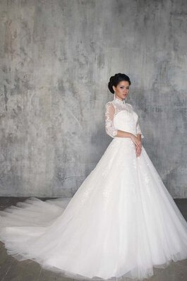 Vestido de Novia en Encaje de Botón de Escote con cuello Alto de Largo de Cola Capilla