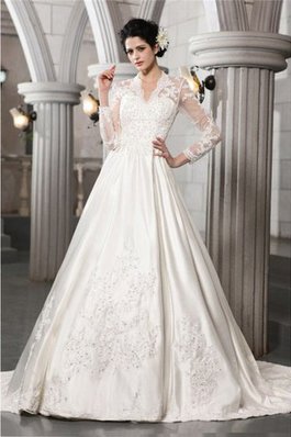 Robe de mariée longue avec zip de princesse de col en v en satin