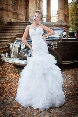 Vestido de Novia de Mangas Illusion de Volante de Escote redondo de Abalorio