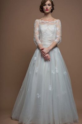 Abito da Sposa con Applique largo in Tulle con Tre Quarti Lunghezza Maniche A Terra Naturale