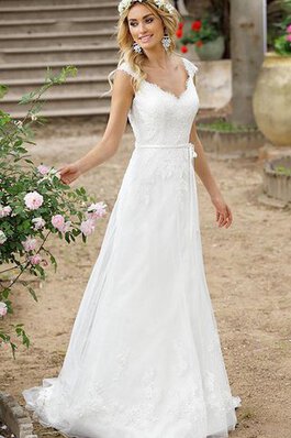 Abito da Sposa V-Scollo in Tulle in pizzo stravagante retro con Manica Corte