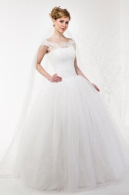 Abito da Sposa Barchetta Ball Gown con Manica Corte con Piega Allacciato Cappellino