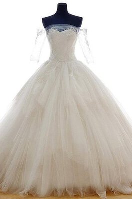 Robe de mariée classique longueur au ras du sol ruché avec décoration dentelle en tulle