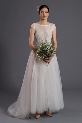 Abito da Sposa A Terra Tondo con Perline Cappellino Naturale in Tulle