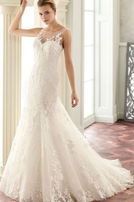 Vestido de Novia en Encaje de Apliques de Plisado de Cola Corte de Escote redondo