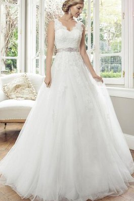 Abito da Sposa Lungo in Pizzo Naturale Senza Maniche V-Scollo in Tulle