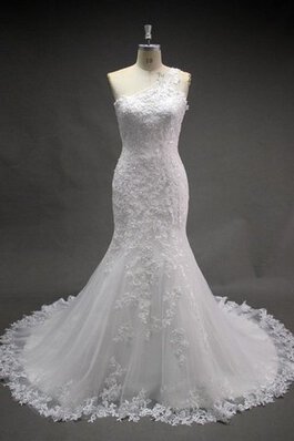 Robe de mariée naturel cordon d'épaule asymétrique longueur au ras du sol de traîne moyenne