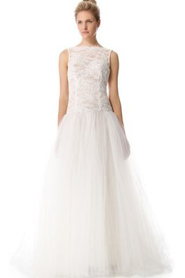 Robe de mariée naturel en organza a-ligne de col bateau manche nulle