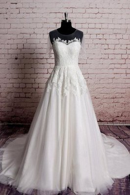 Vestido de Novia de Corte-A de Joya de Manga corta de Encaje Adorno de Apliques