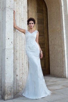 Abito da Sposa Lungo Naturale con Applique Retro Spazzola Treno