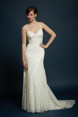 Abito da Sposa Naturale Tubino Elegante a riva con Increspature V-Scollo