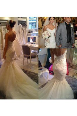 Vestido de Novia de Abalorio de Encaje Adorno de Escote de Tirantes Espaguetis