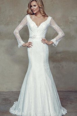 Robe de mariée naturel de col en v de sirène avec ruban avec manche longue