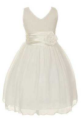 Robe de cortège enfant a-ligne manche nulle v encolure avec fleurs textile en tulle