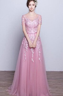 Robe de bal avec décoration dentelle en tulle a-ligne avec manche courte appliques